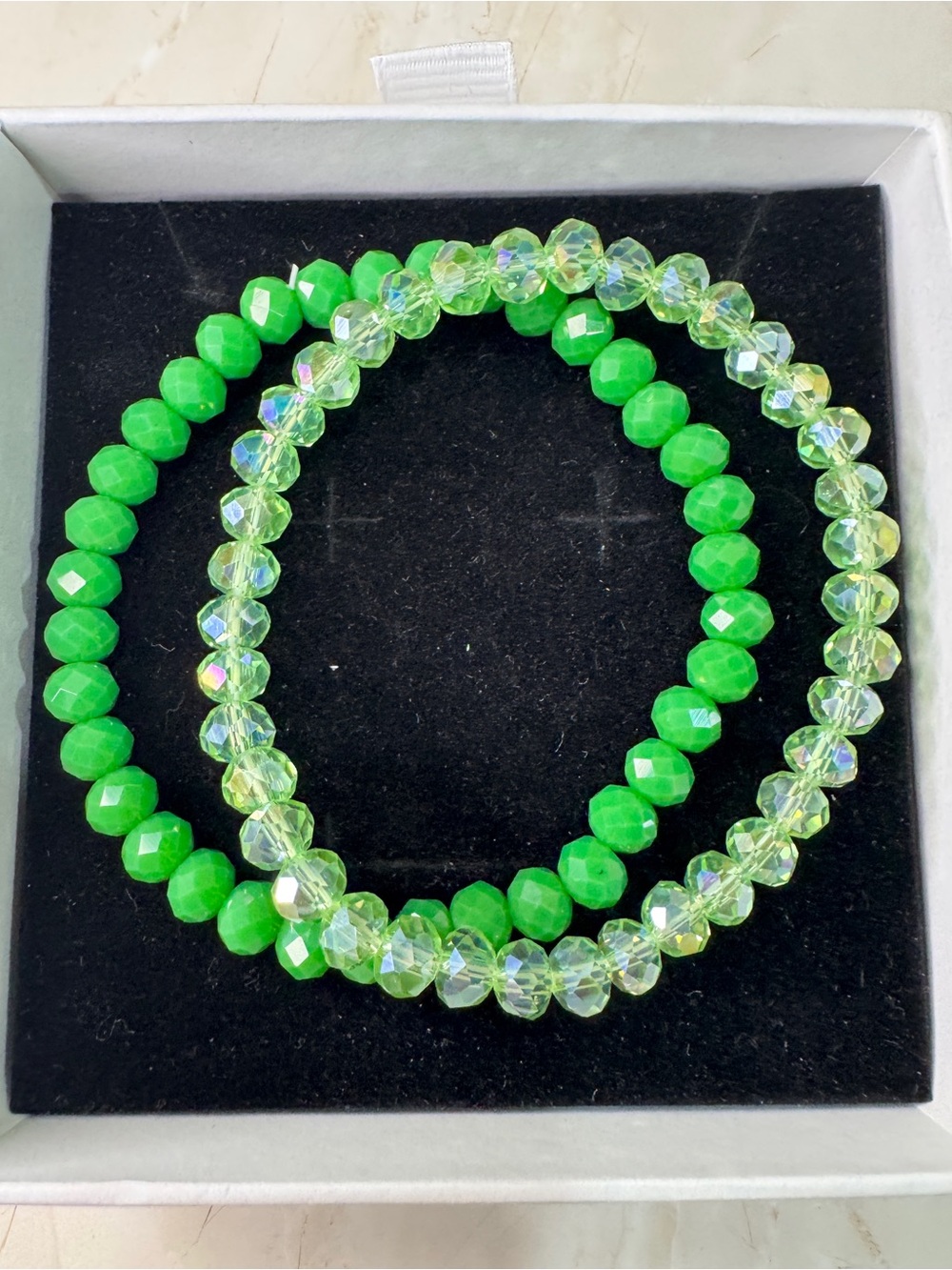 2 Green Faceted Glass Bead Stretch Bracelet Set - Women Jewelry